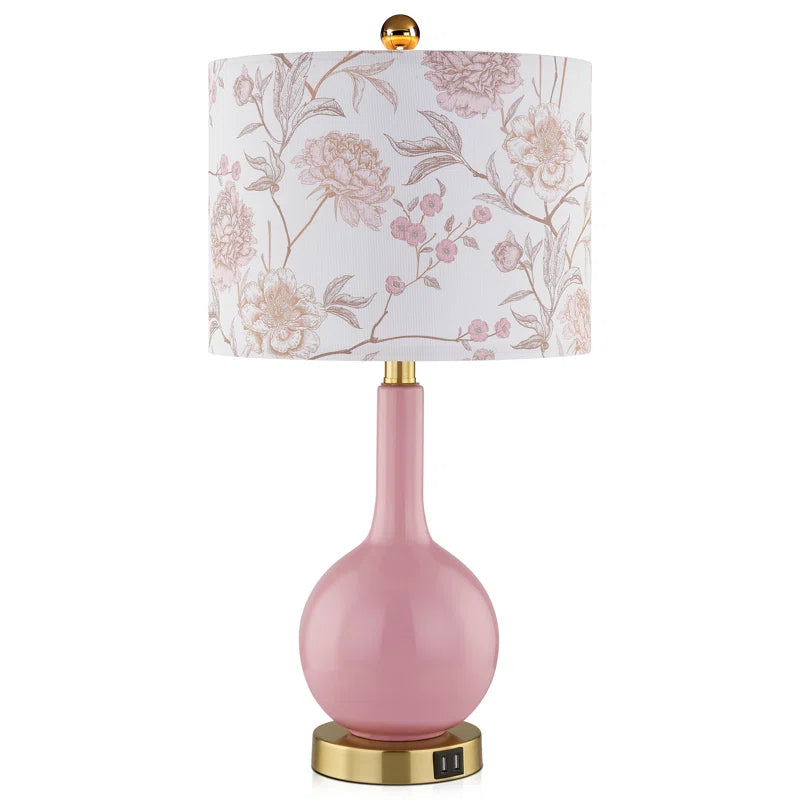 Gawronski 24 In. Pink Ceramic USB Table Lamp with Floral Lampshape and Free LED Bulb