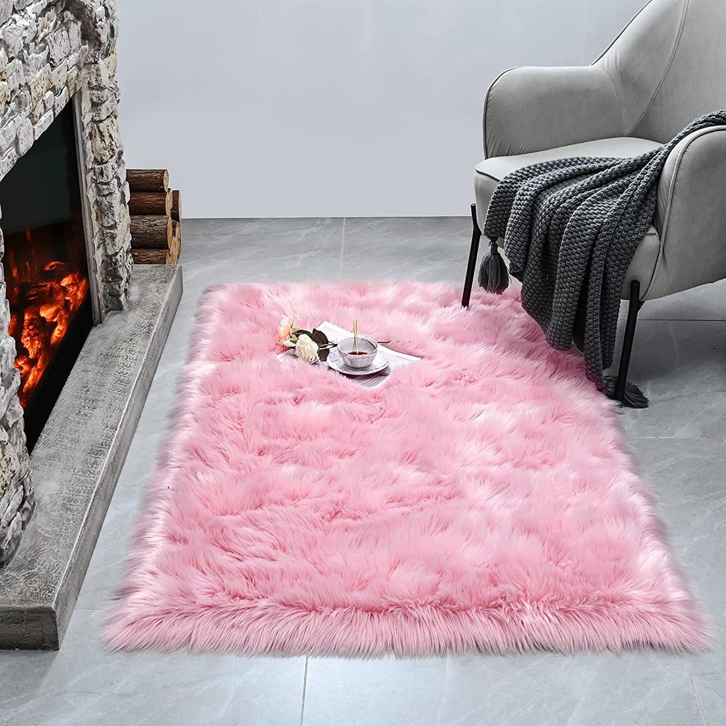 Soft Faux Fur Fluffy Area Rug, Luxury Fuzzy Sheepskin Carpet Rugs for Bedroom Living Room, Shaggy Silky Plush Carpet Bedside Rug Floor Mat, 2Ft X 4Ft, Pink