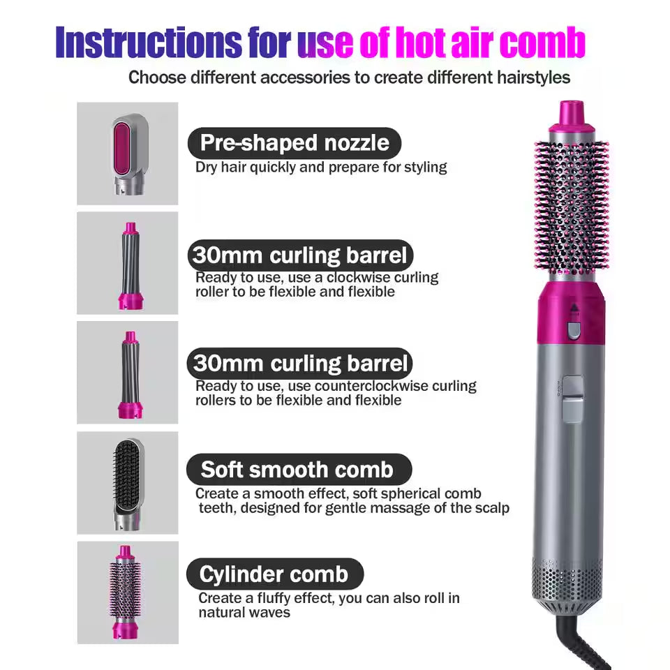 5-In-1 Curling Wand Hair Dryer Set Professional Hair Curling Iron for Multiple Hair Types and Styles, Pink