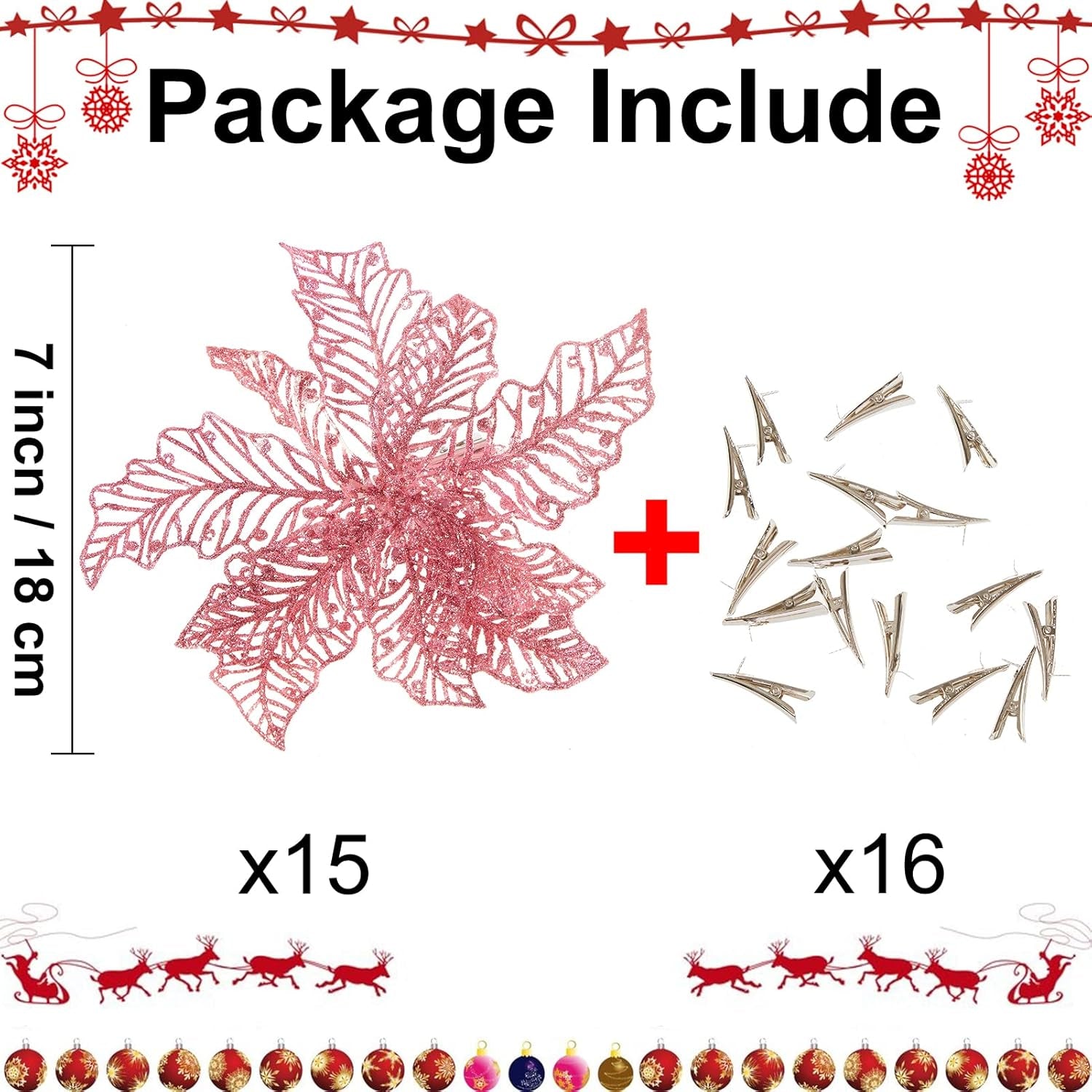 15 Pcs Pink Christmas Poinsettia Flowers, 7" Glitter Artificial Christmas Tree Flowers Ornaments with Clips, Xmas Wreath Garland Poinsettia Decorations for Winter Holiday Party - Pink