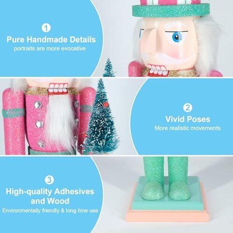 Christmas Nutcracker Decor,15" Wooden Nutcracker Pink Christmas Tree