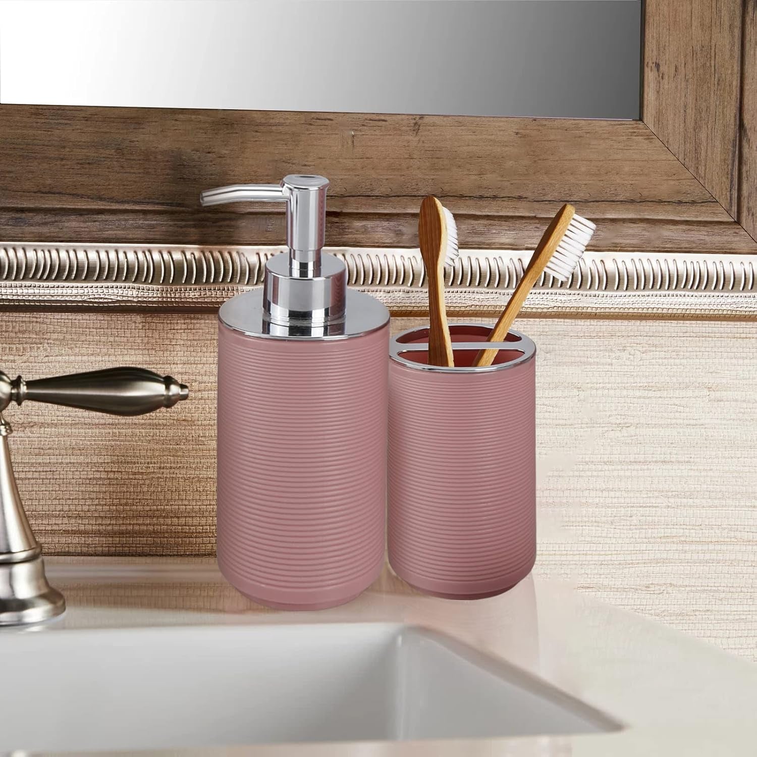 Pink Bathroom Accessories Set 6-Piece - Toothbrush Holder, Toothbrush Cup, Soap Dispenser, Soap Dish, Trash Can, Toilet Brush, Gift Set for Christmas (3328 Style-Pink)