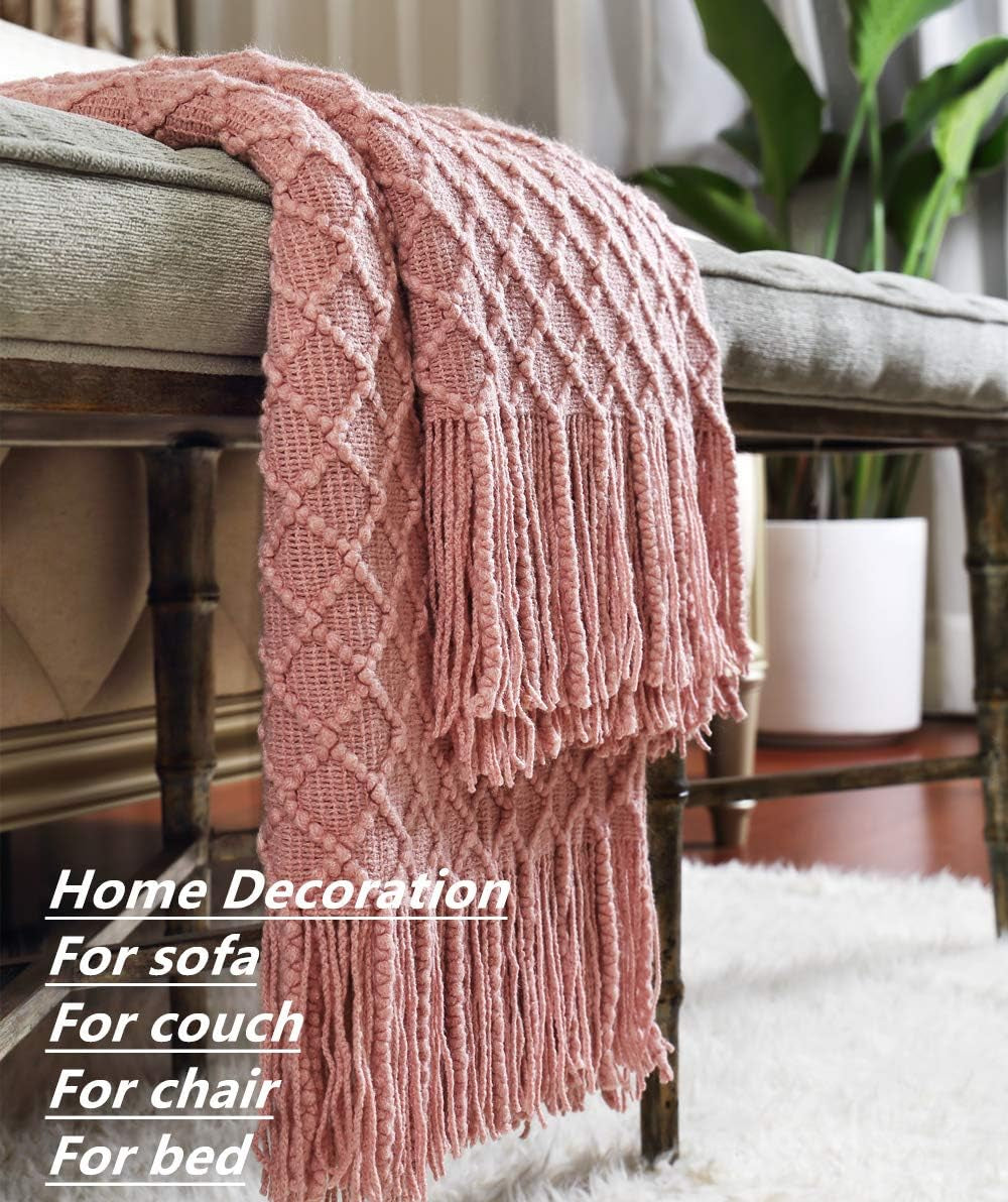 Light Blush Pink Knit Throw Blanket for Couch Sofa Chair - Soft and Decorative for Spring Summer (50''X60'' Dusty Pink/Pale Pink)