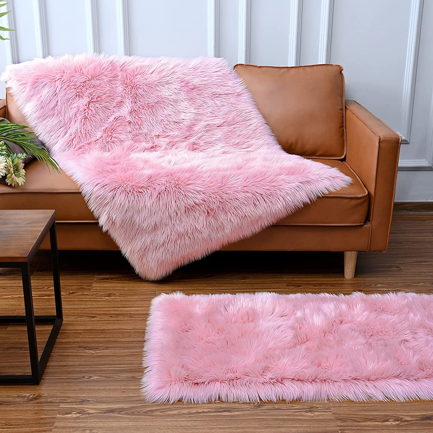 Soft Faux Fur Fluffy Area Rug, Luxury Fuzzy Sheepskin Carpet Rugs for Bedroom Living Room, Shaggy Silky Plush Carpet Bedside Rug Floor Mat, 2Ft X 4Ft, Pink