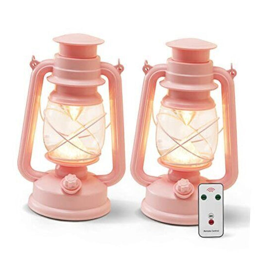 Pink LED Lantern Pack of 2 with 6/18 Timer, Pink Vintage Decorative Lantern