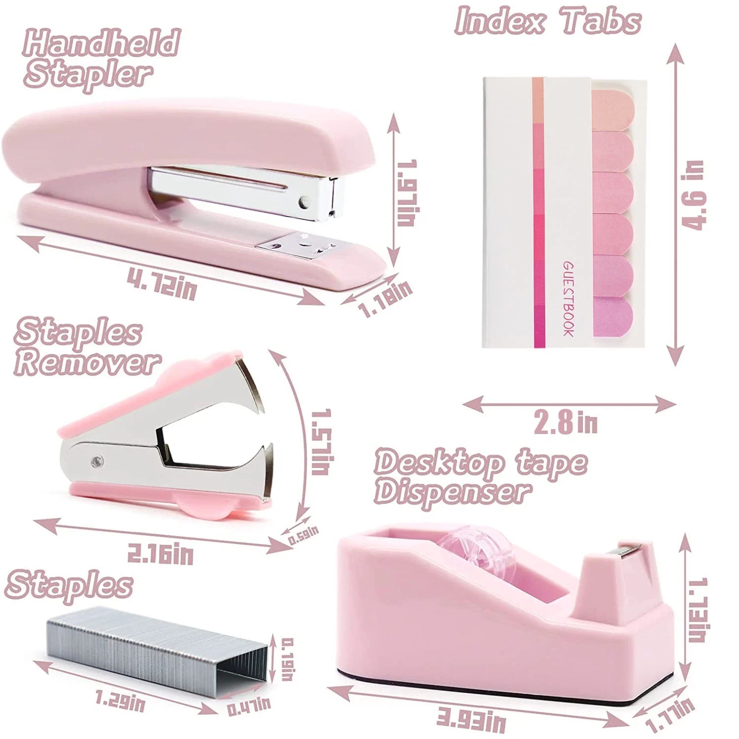 Pink Desk Accessories, Pink Office Supplies with Stapler, Tape Dispenser, Staples, Staple Remover, Push Pins, Scissors, Tabs