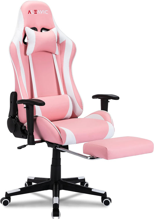 Pink Gaming Chair，Gaming Chair with Footrest，High Back Ergonomic Gaming Chair Adjustable，Racing Style PU Leather Gamer Chair，Massage Gaming Chair with Headrest and Lumbar Support