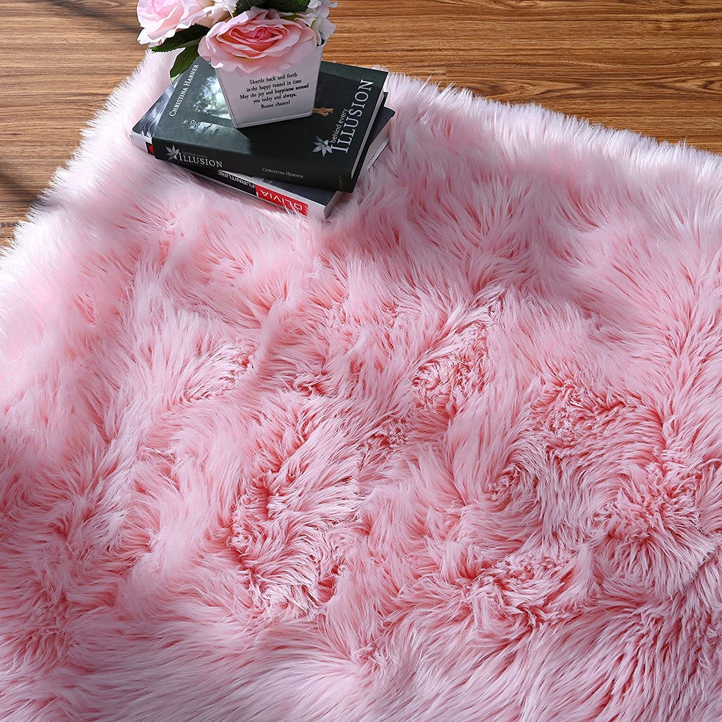 Soft Faux Fur Fluffy Area Rug, Luxury Fuzzy Sheepskin Carpet Rugs for Bedroom Living Room, Shaggy Silky Plush Carpet Bedside Rug Floor Mat, 2Ft X 4Ft, Pink