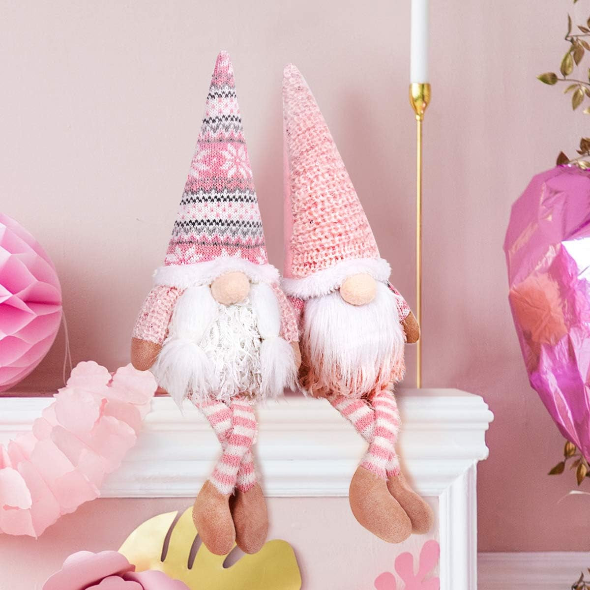 Pink Christmas Valentine Gnomes Decorations, 2Pack Handmade Swedish Tomte Gnome with LED Lighting Nose Scandinavian Figurine Pink Gnomes Plush Elf Valentines Day Decor Long Leg