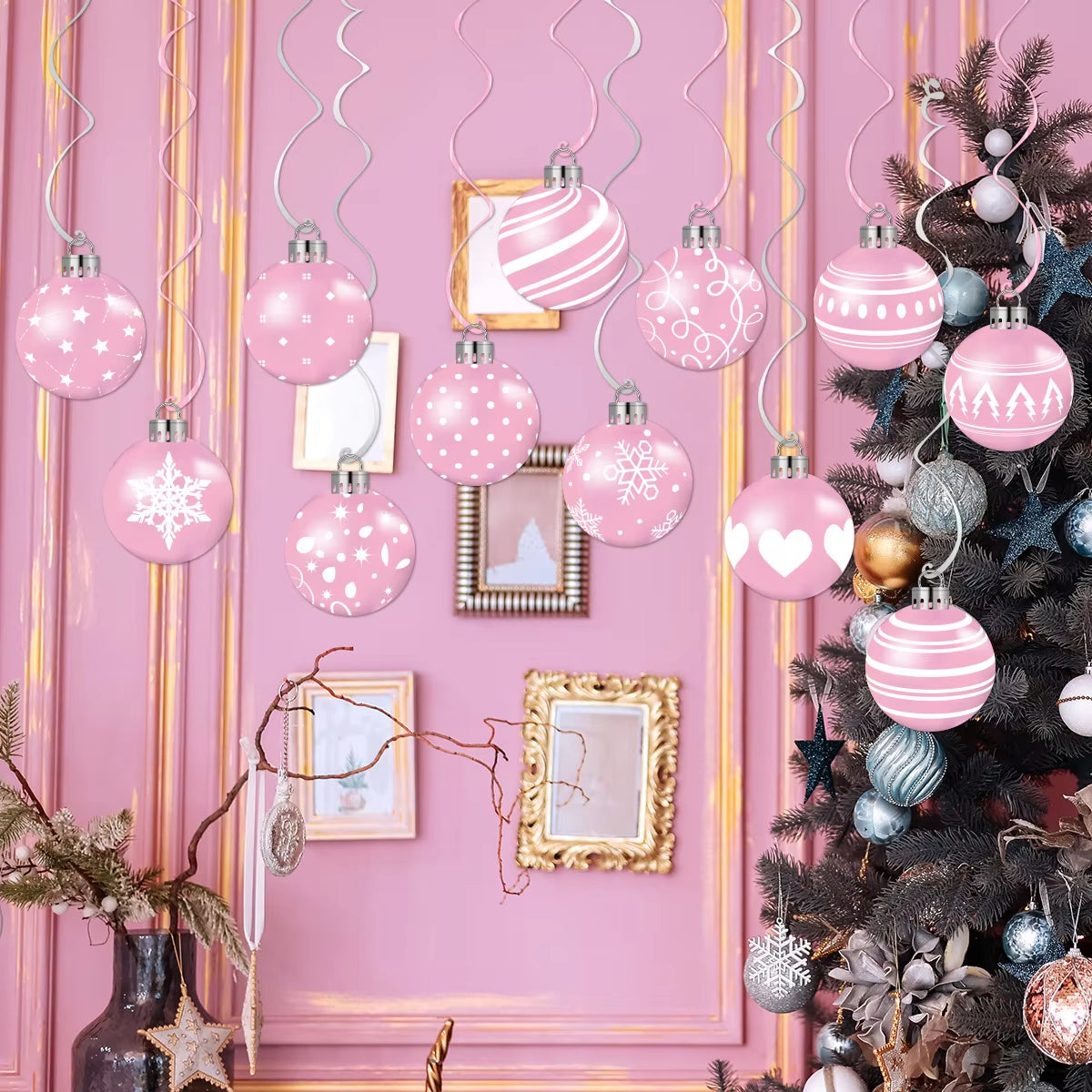 12Pcs Pink Christmas Balls Hanging Swirls Decoration Xmas Party Decor Ornaments Holiday Supplies Christmas Tree Hanging Pendant