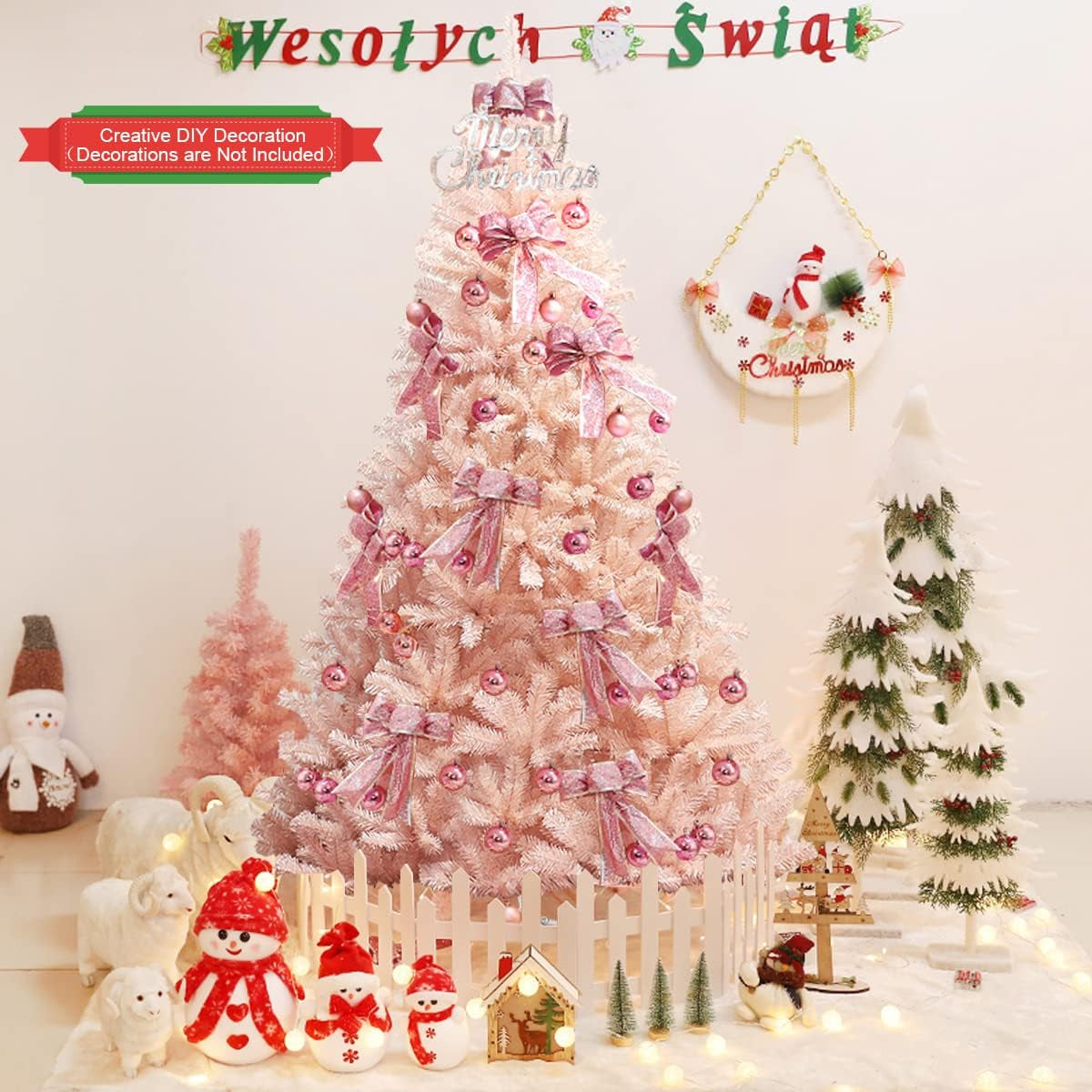 6Ft/7Ft Pink Artificial Christmas Tree, Unlit Hinged Spruce Full Tree with 617/937 Branch Tips and Metal Stand, Easy Assembly, 7FT Holiday Christmas Tree Indoor Outdoor