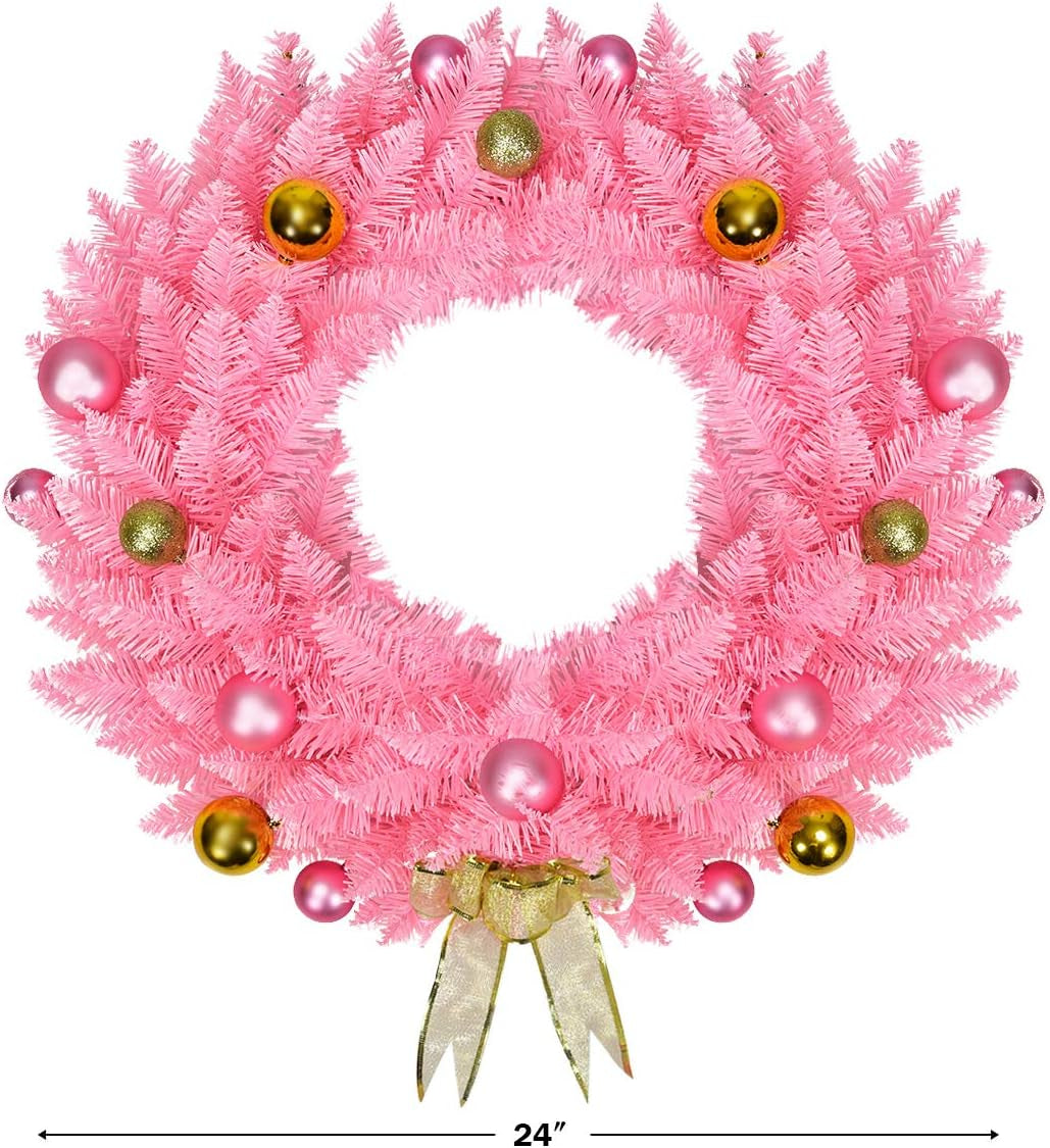 Pink Artificial Christmas Wreath, with Ornament Balls and Golden Bow, Perfect Xmas Decoration for Doorways Windows Walls Fireplaces, 24 Inch