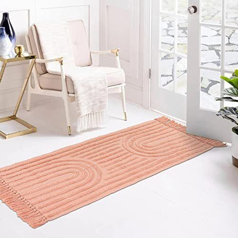 Boho Rainbow Hallway Runner Rug 2X5, Tufted Pink Bedside 2' X 5' Peach Pink