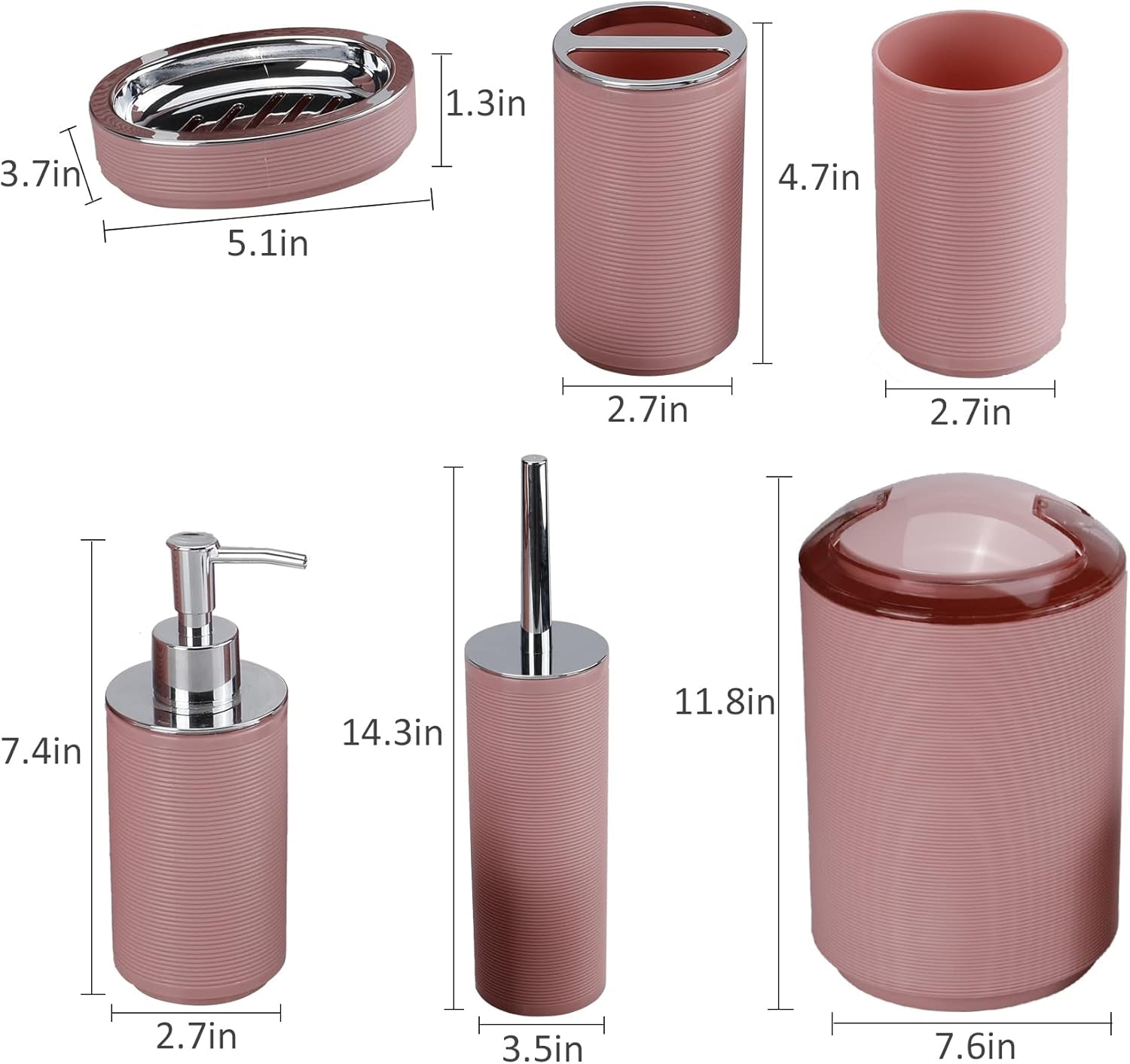 Pink Bathroom Accessories Set 6-Piece - Toothbrush Holder, Toothbrush Cup, Soap Dispenser, Soap Dish, Trash Can, Toilet Brush, Gift Set for Christmas (3328 Style-Pink)