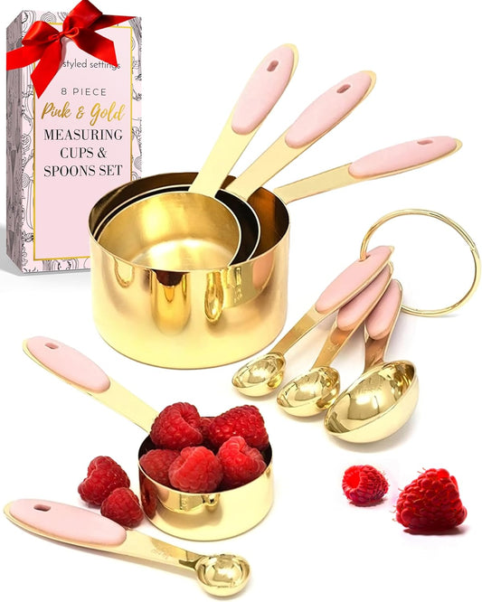 Pink Measuring Cups and Spoons Set - Sturdy 8PC Pink & Gold Measuring Cups and Spoons Set Stainless Steel with Pink Silicone Handle- Pink Kitchen Decor - Pink Kitchen Accessories - Cute Measuring Cups