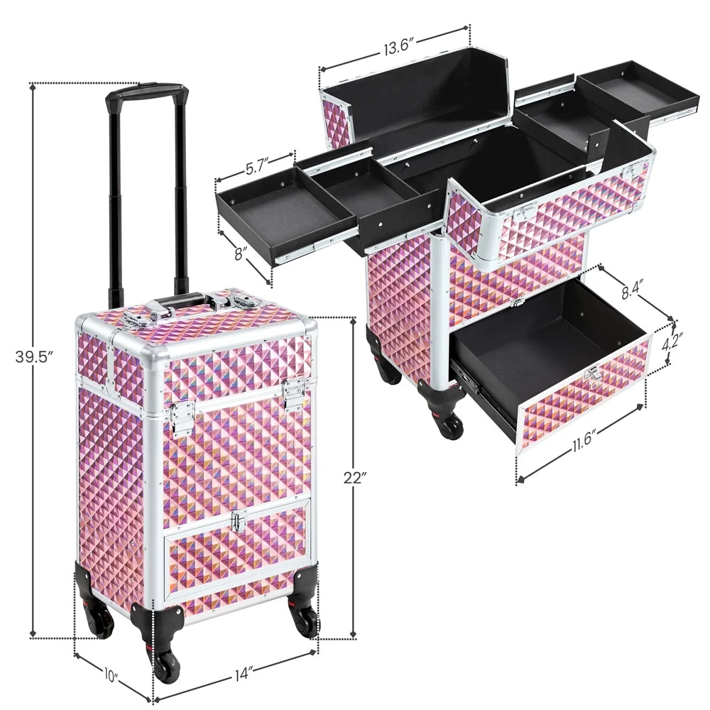 Aluminum Cosmetic Makeup Train Case with 4 Side Trays & 1 Slide-Out Drawer, Glitter Pink