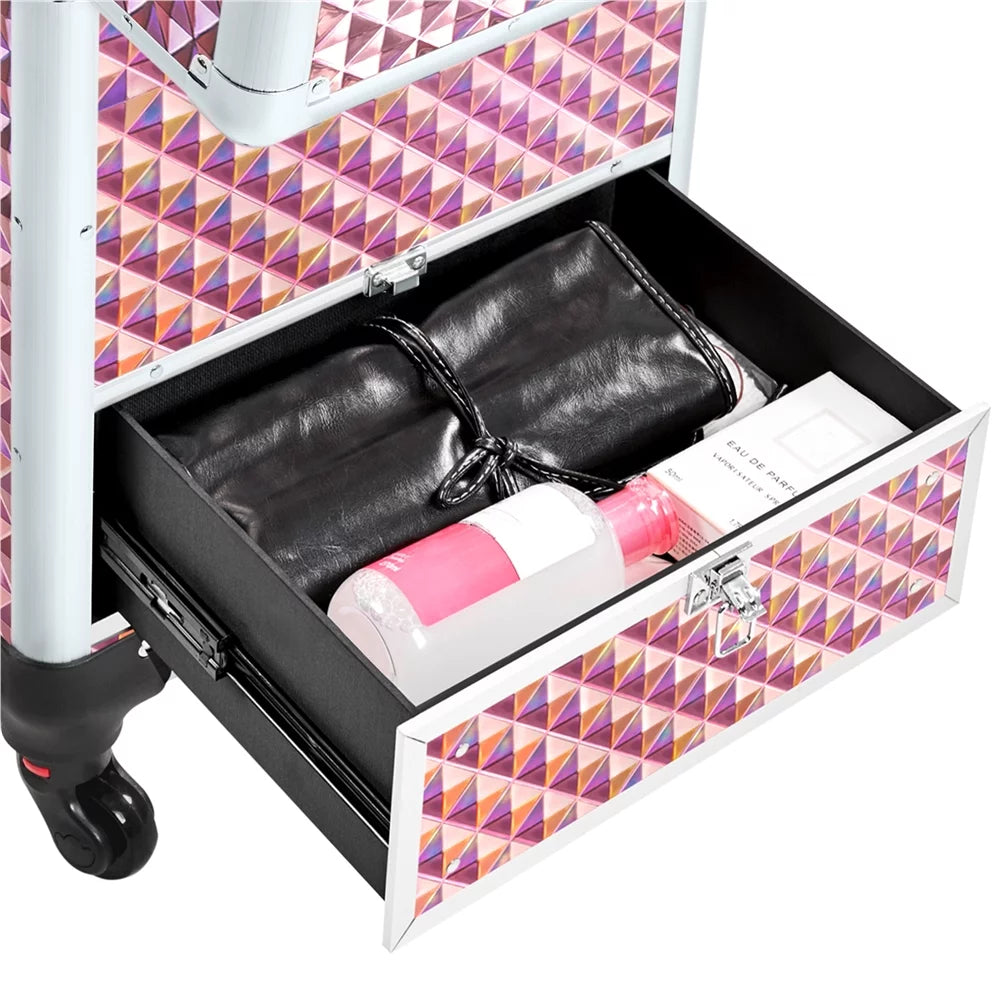 Aluminum Cosmetic Makeup Train Case with 4 Side Trays & 1 Slide-Out Drawer, Glitter Pink