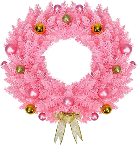 Pink Artificial Christmas Wreath, with Ornament Balls and Golden Bow, Perfect Xmas Decoration for Doorways Windows Walls Fireplaces, 24 Inch