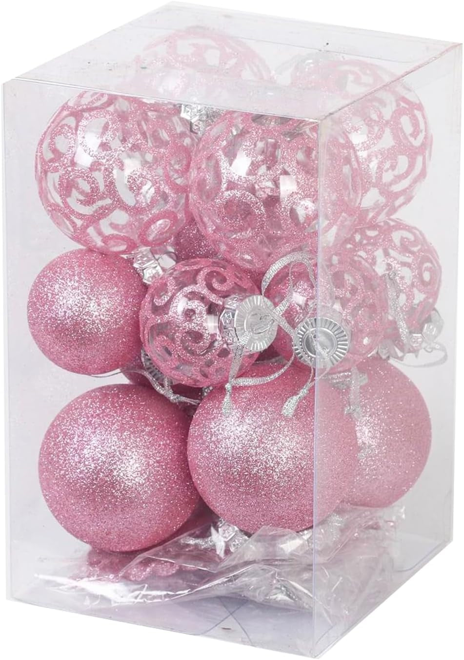 32Pk Christmas Ornaments for Tree Holiday Xmas Decorations, Shatterproof Plastic 3.15/2.36 Inch Glitter Balls, Icicles and Snowflakes Set, Pink (DEFECTIVE Units)