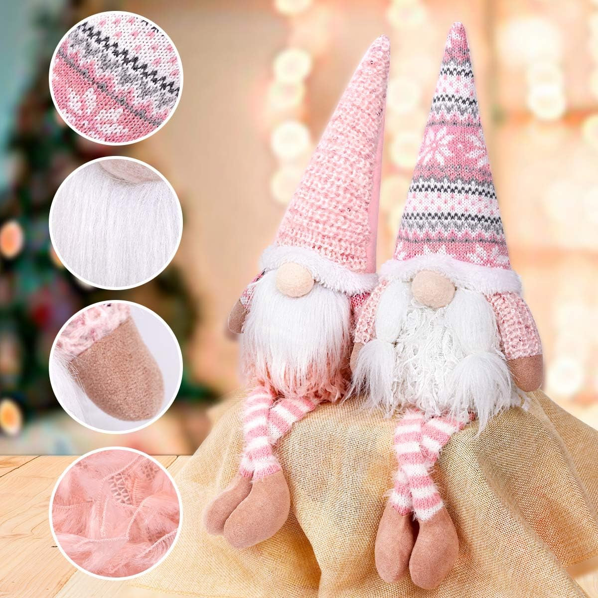 Pink Christmas Valentine Gnomes Decorations, 2Pack Handmade Swedish Tomte Gnome with LED Lighting Nose Scandinavian Figurine Pink Gnomes Plush Elf Valentines Day Decor Long Leg