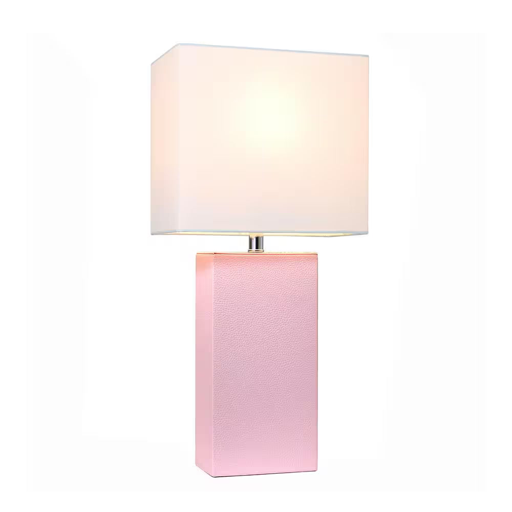 Monaco Avenue 21 In. Modern Blush Pink Leather Table Lamp with White Fabric Shade