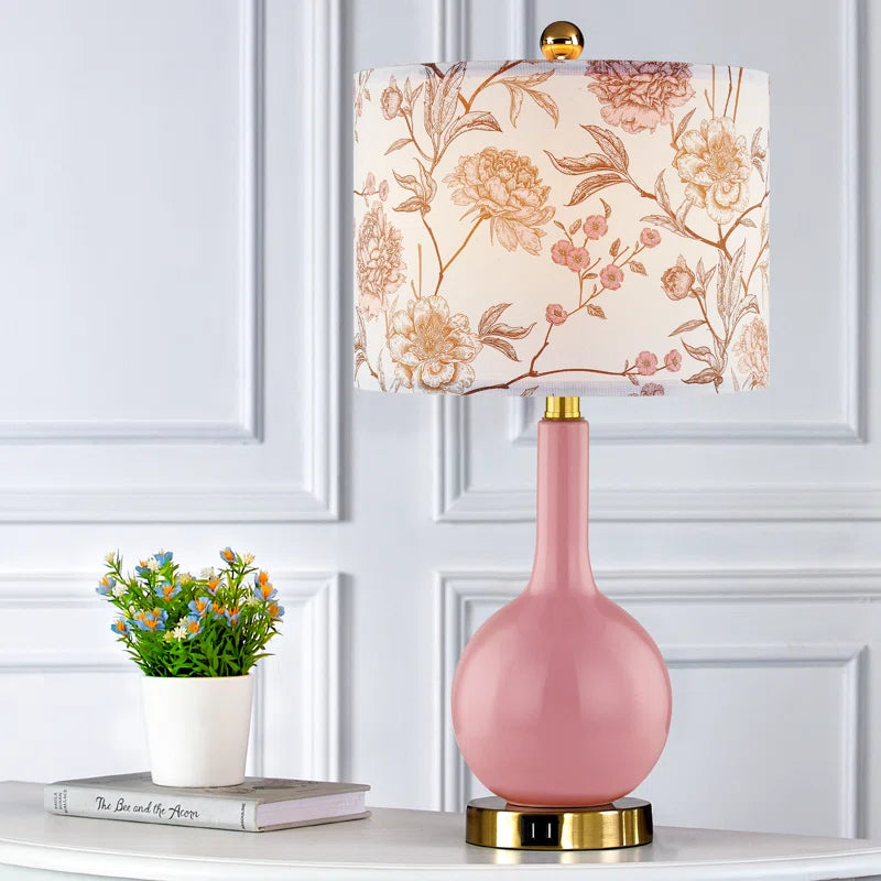 Gawronski 24 In. Pink Ceramic USB Table Lamp with Floral Lampshape and Free LED Bulb