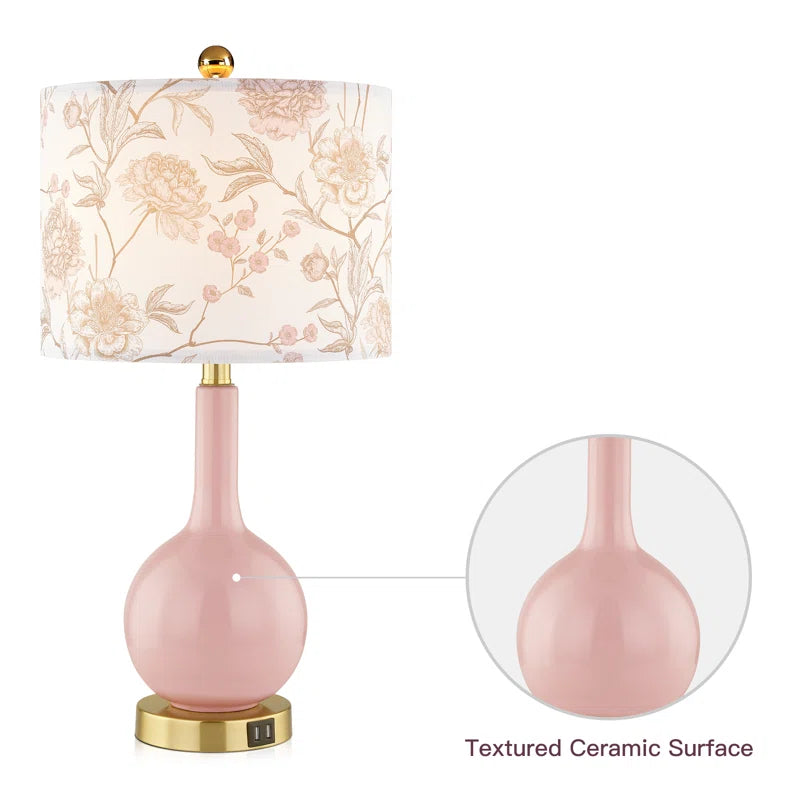 Gawronski 24 In. Pink Ceramic USB Table Lamp with Floral Lampshape and Free LED Bulb