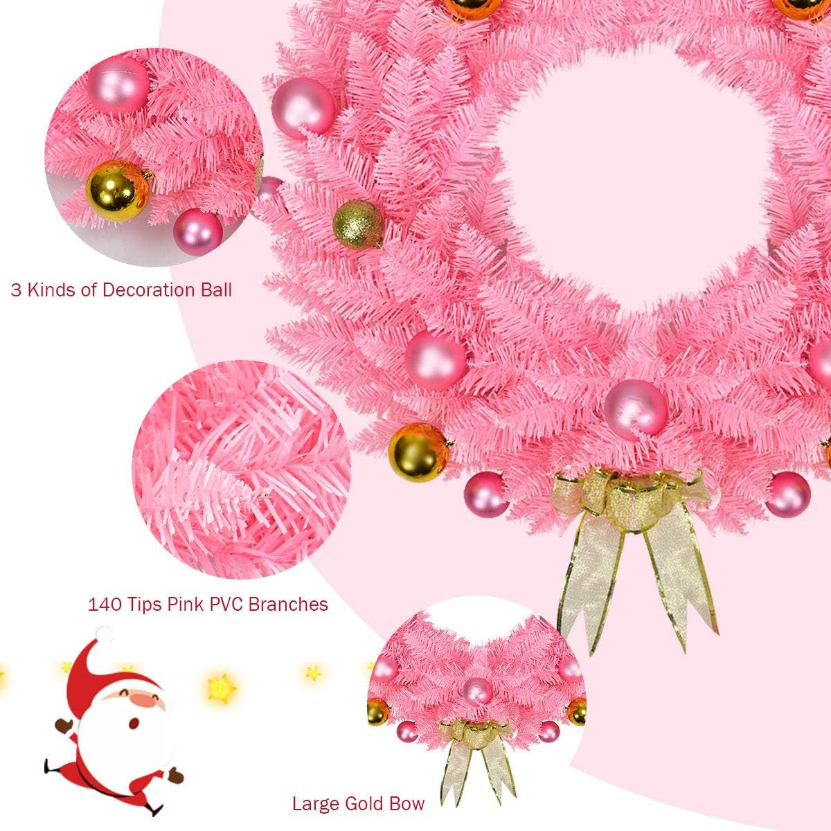 Pink Artificial Christmas Wreath, with Ornament Balls and Golden Bow, Perfect Xmas Decoration for Doorways Windows Walls Fireplaces, 24 Inch