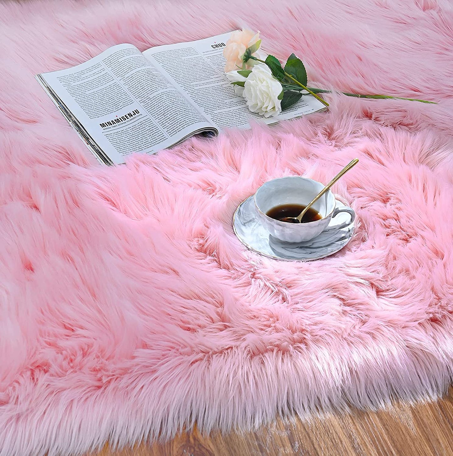 Soft Faux Fur Fluffy Area Rug, Luxury Fuzzy Sheepskin Carpet Rugs for Bedroom Living Room, Shaggy Silky Plush Carpet Bedside Rug Floor Mat, 2Ft X 4Ft, Pink