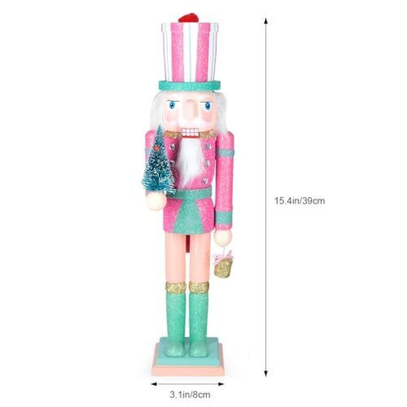 Christmas Nutcracker Decor,15" Wooden Nutcracker Pink Christmas Tree