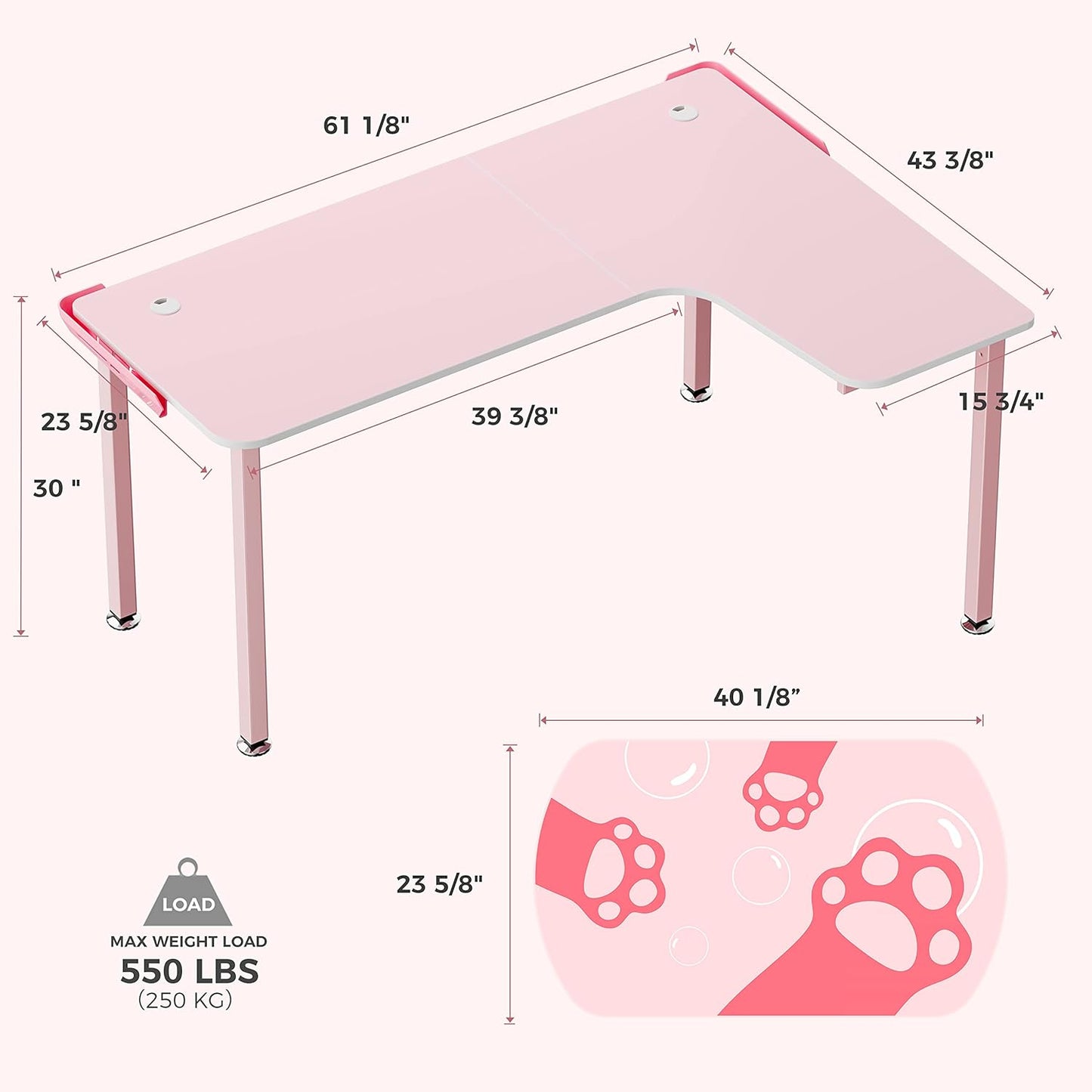 Gaming Desk Pink,60 Inch Pink L Shaped Gaming Desk, Gaming Table Pink with Free Mouse Pad for Girls Home Office Wood & Metal Space-Saving,Easy to Assemble,Computer Desk Pink