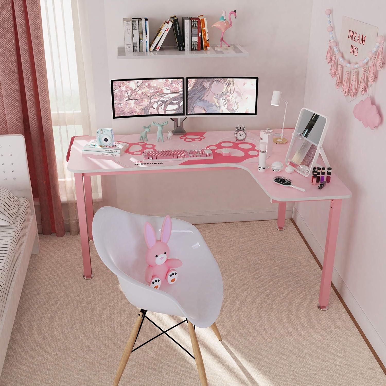 Gaming Desk Pink,60 Inch Pink L Shaped Gaming Desk, Gaming Table Pink with Free Mouse Pad for Girls Home Office Wood & Metal Space-Saving,Easy to Assemble,Computer Desk Pink