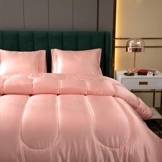 Silk like Satin Comforter Set Pink Girls Comforter Solid Color Quilt Light Pink Luxury Silky Polyester Filling Bed Comforter Twin 1 Satin Comforter 1 Pillowcase (Twin, Pink)