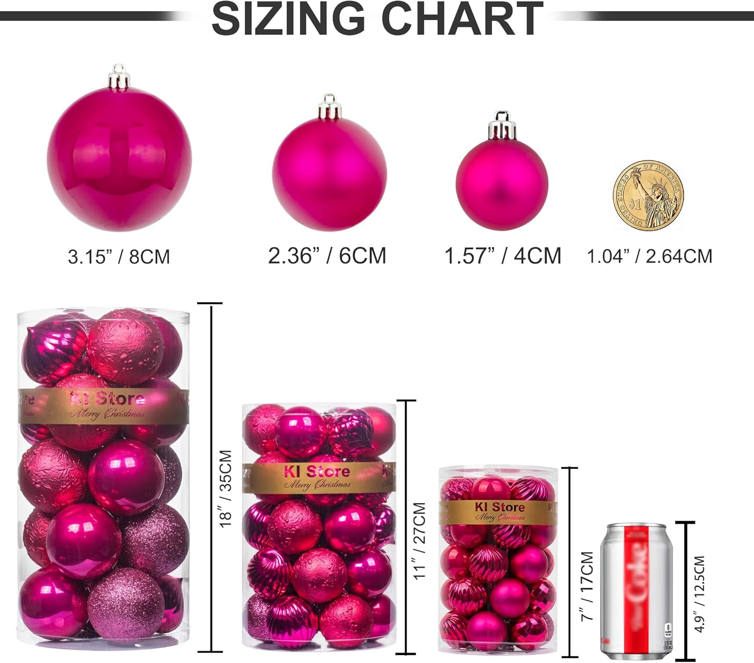 Hot Pink Christmas Balls 34Pcs 2.36-Inch Christmas Tree Decoration Ornaments for Xmas Tree Holiday Wreath Garland Decor Ornaments Hooks Included