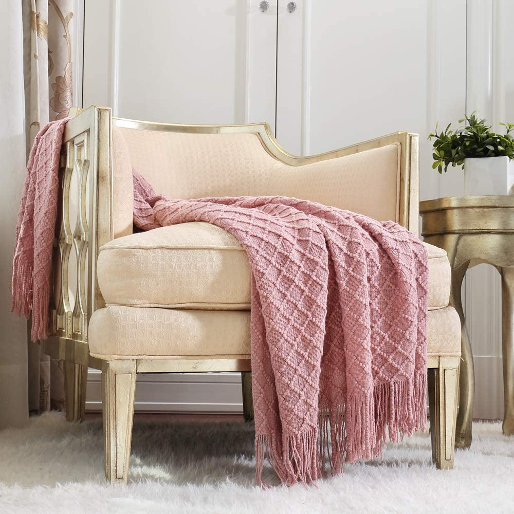 Light Blush Pink Knit Throw Blanket for Couch Sofa Chair - Soft and Decorative for Spring Summer (50''X60'' Dusty Pink/Pale Pink)