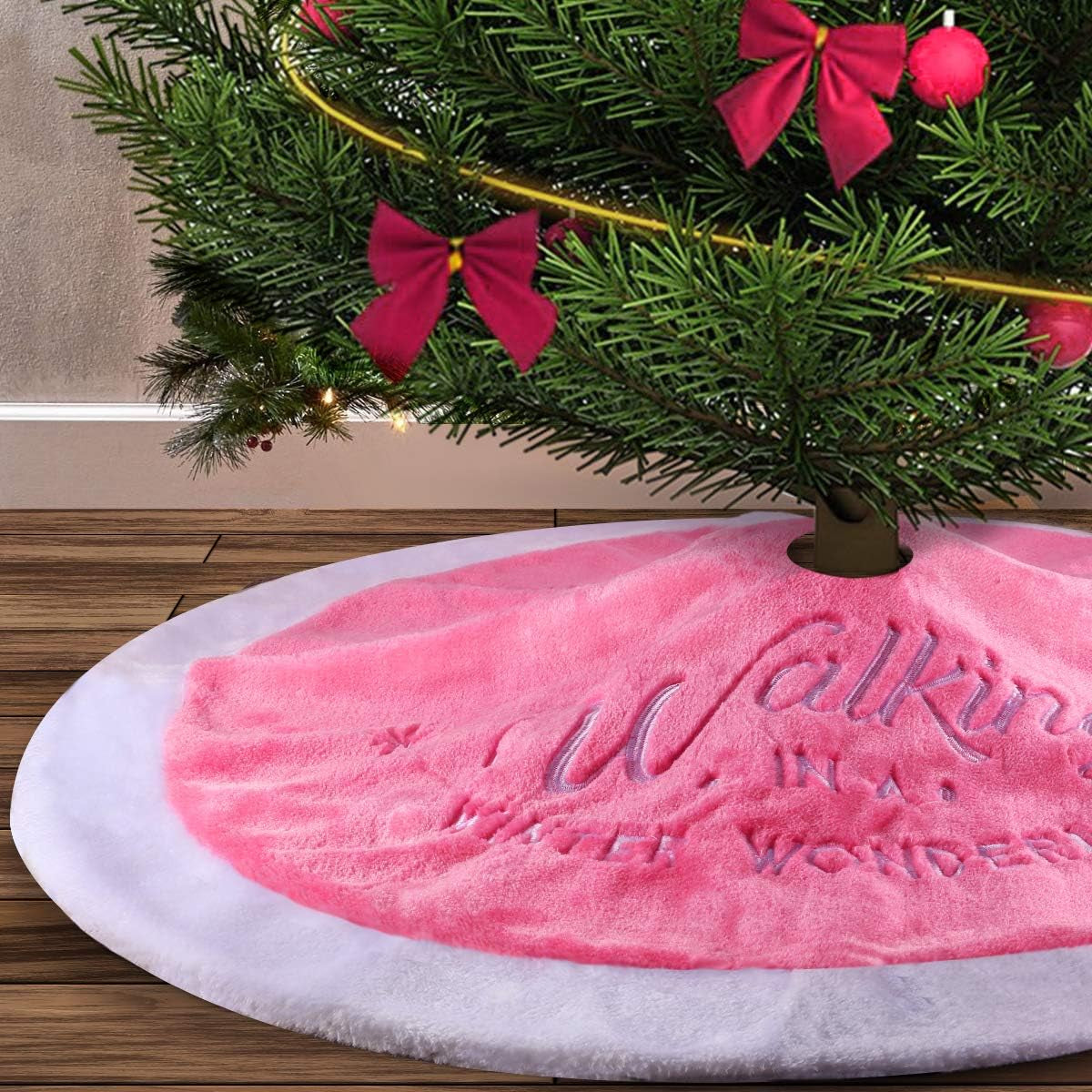 Pink Christmas Tree Skirt, 36" Candy Faux Fur Tree Rug with Embroidered Wonderland Blush Pink Ornaments for Slim Pencil Tree Pink Christmas Decorations