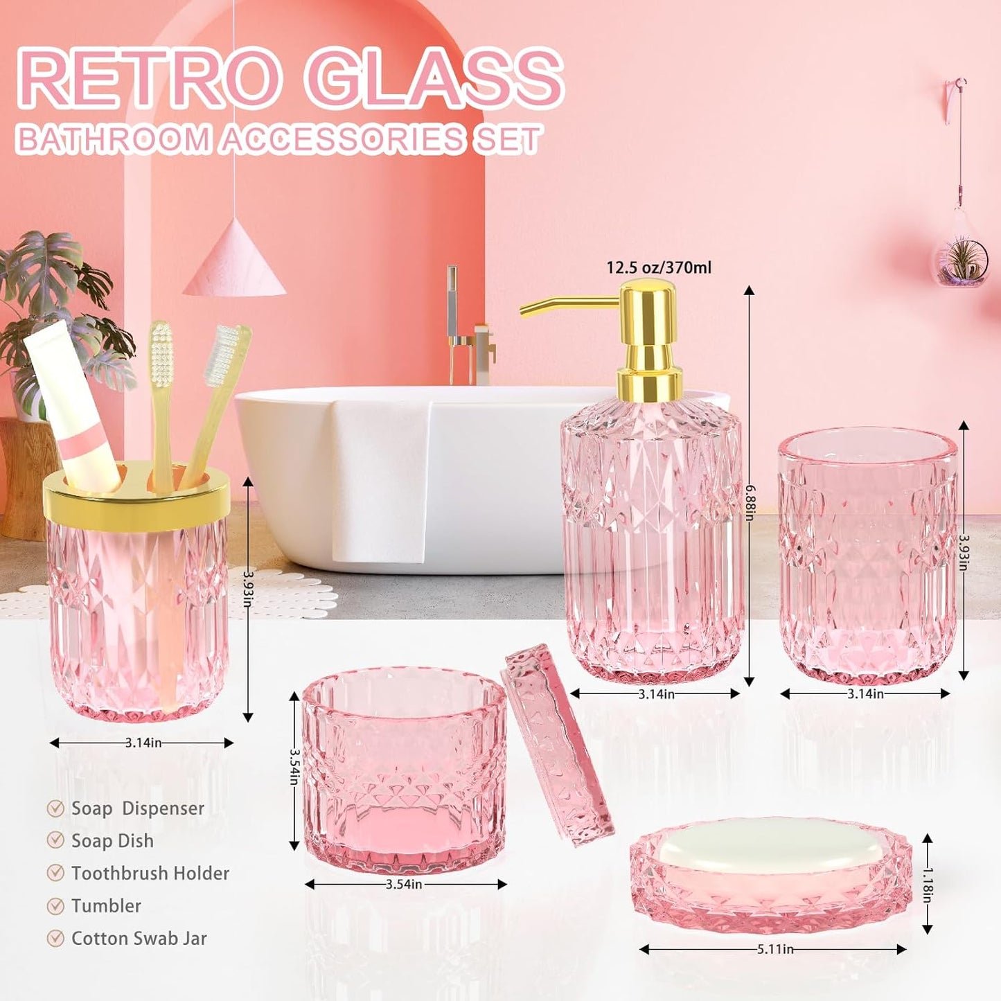 Pink 5 pcs Glass Bathroom Decor Set