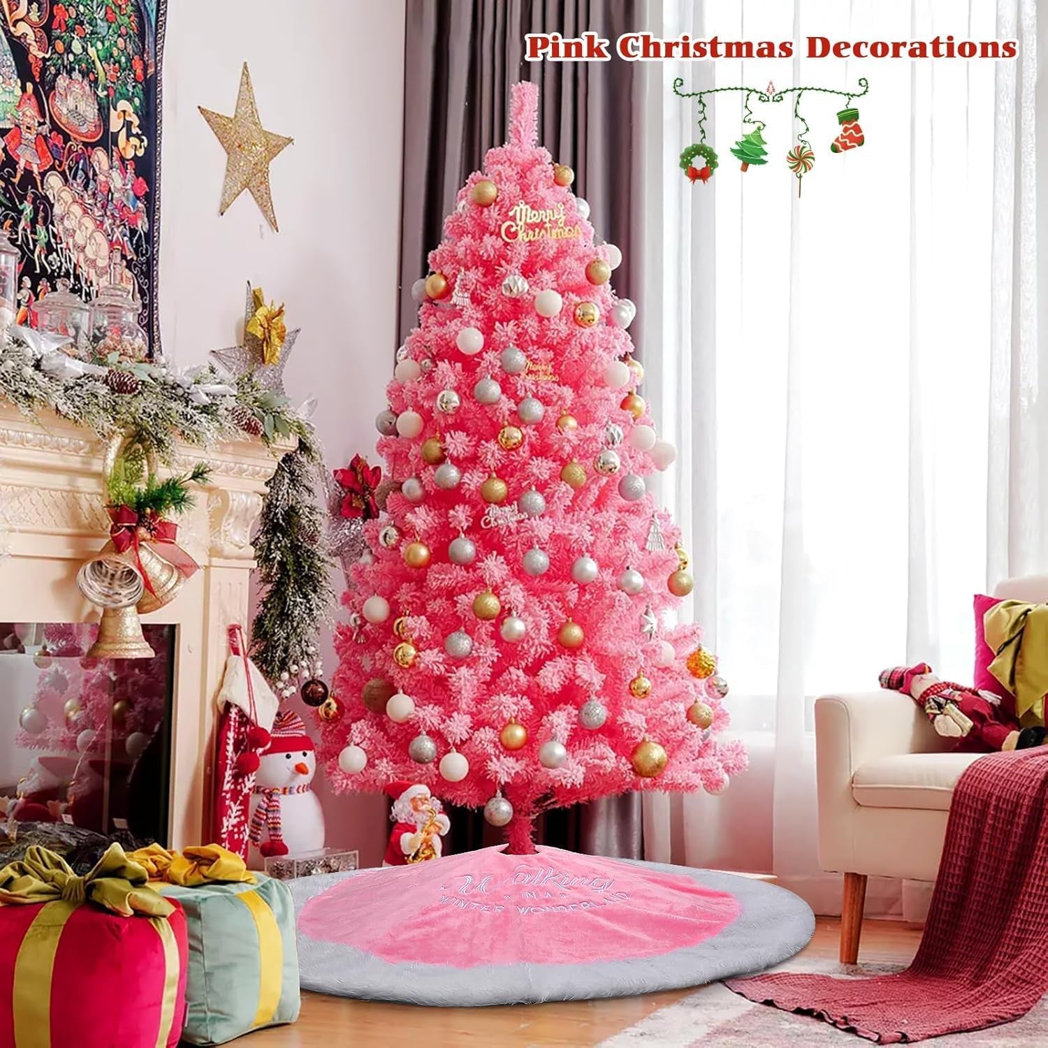 Pink Christmas Tree Skirt, 36" Candy Faux Fur Tree Rug with Embroidered Wonderland Blush Pink Ornaments for Slim Pencil Tree Pink Christmas Decorations