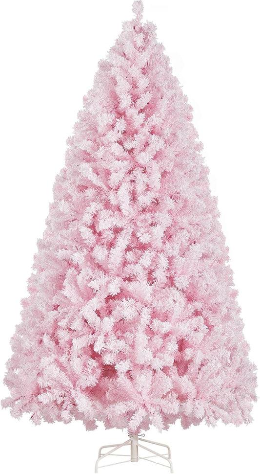 Artificial Christmas Pine Tree with Lights Snow Frosted Xmas Tree for Holiday Decoration with Iron Stand, 7.5Ft, Pink