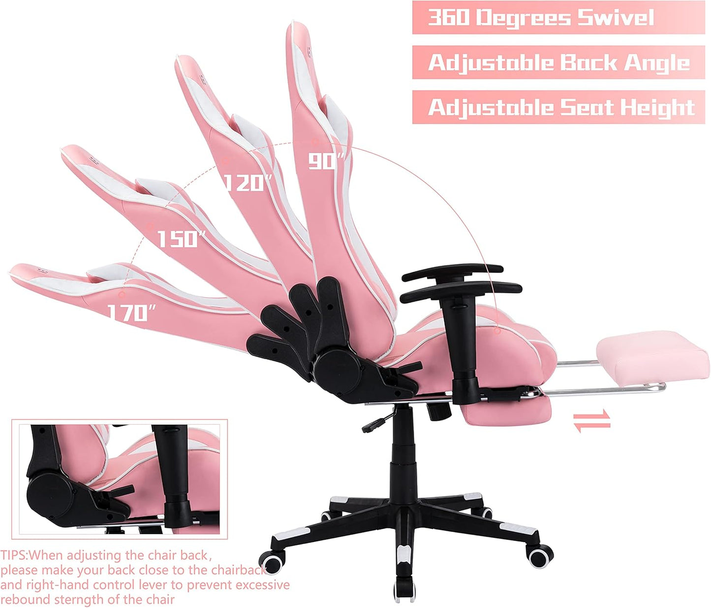 Pink Gaming Chair，Gaming Chair with Footrest，High Back Ergonomic Gaming Chair Adjustable，Racing Style PU Leather Gamer Chair，Massage Gaming Chair with Headrest and Lumbar Support