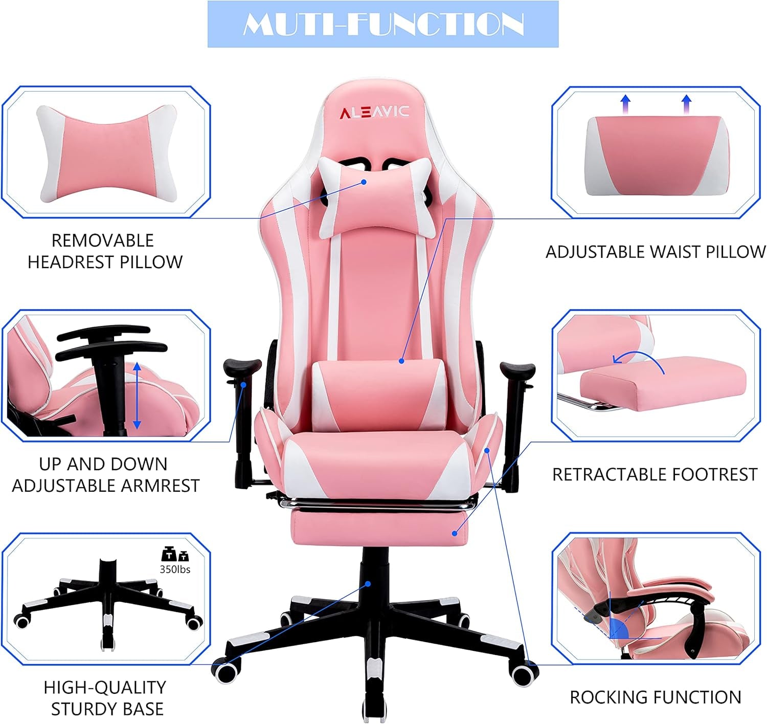 Pink Gaming Chair，Gaming Chair with Footrest，High Back Ergonomic Gaming Chair Adjustable，Racing Style PU Leather Gamer Chair，Massage Gaming Chair with Headrest and Lumbar Support