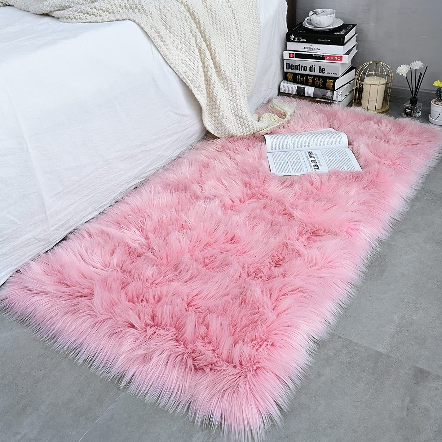 Soft Faux Fur Fluffy Area Rug, Luxury Fuzzy Sheepskin Carpet Rugs for Bedroom Living Room, Shaggy Silky Plush Carpet Bedside Rug Floor Mat, 2Ft X 4Ft, Pink