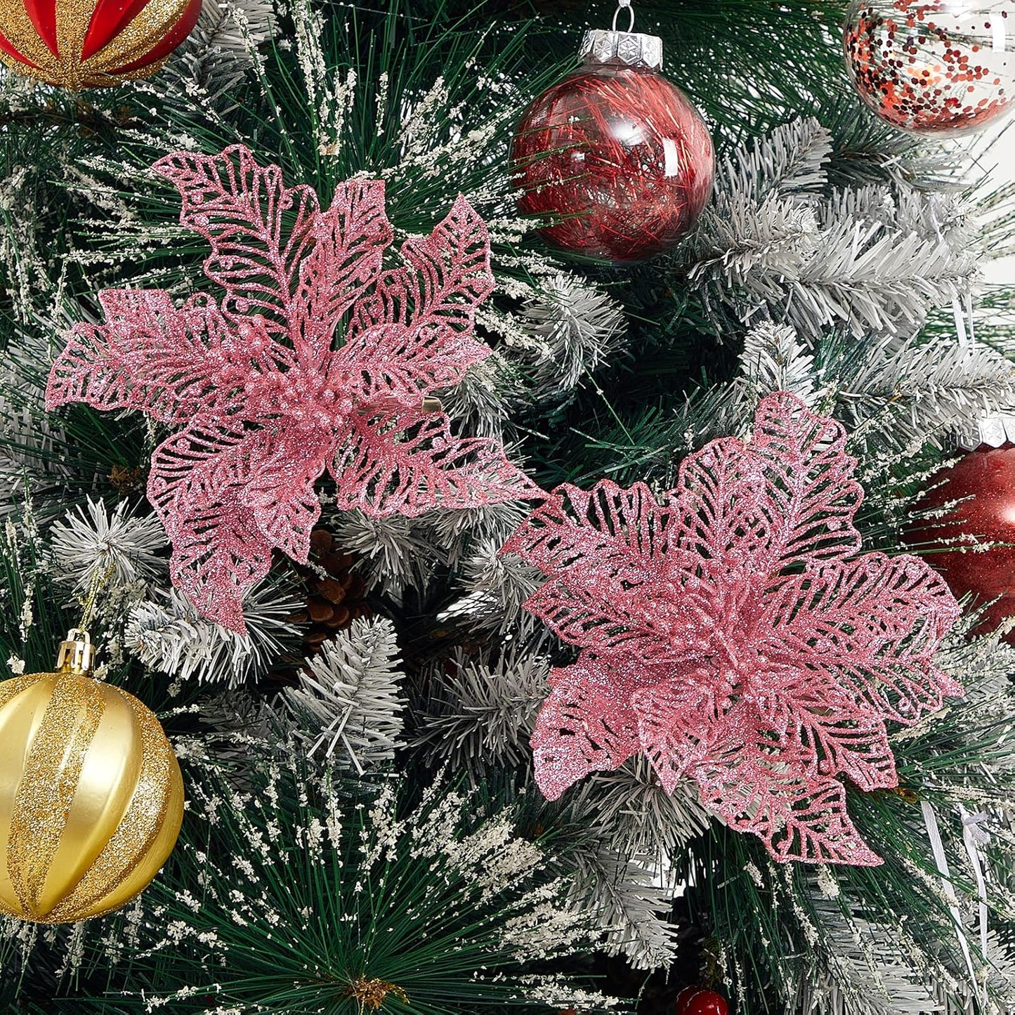 15 Pcs Pink Christmas Poinsettia Flowers, 7" Glitter Artificial Christmas Tree Flowers Ornaments with Clips, Xmas Wreath Garland Poinsettia Decorations for Winter Holiday Party - Pink