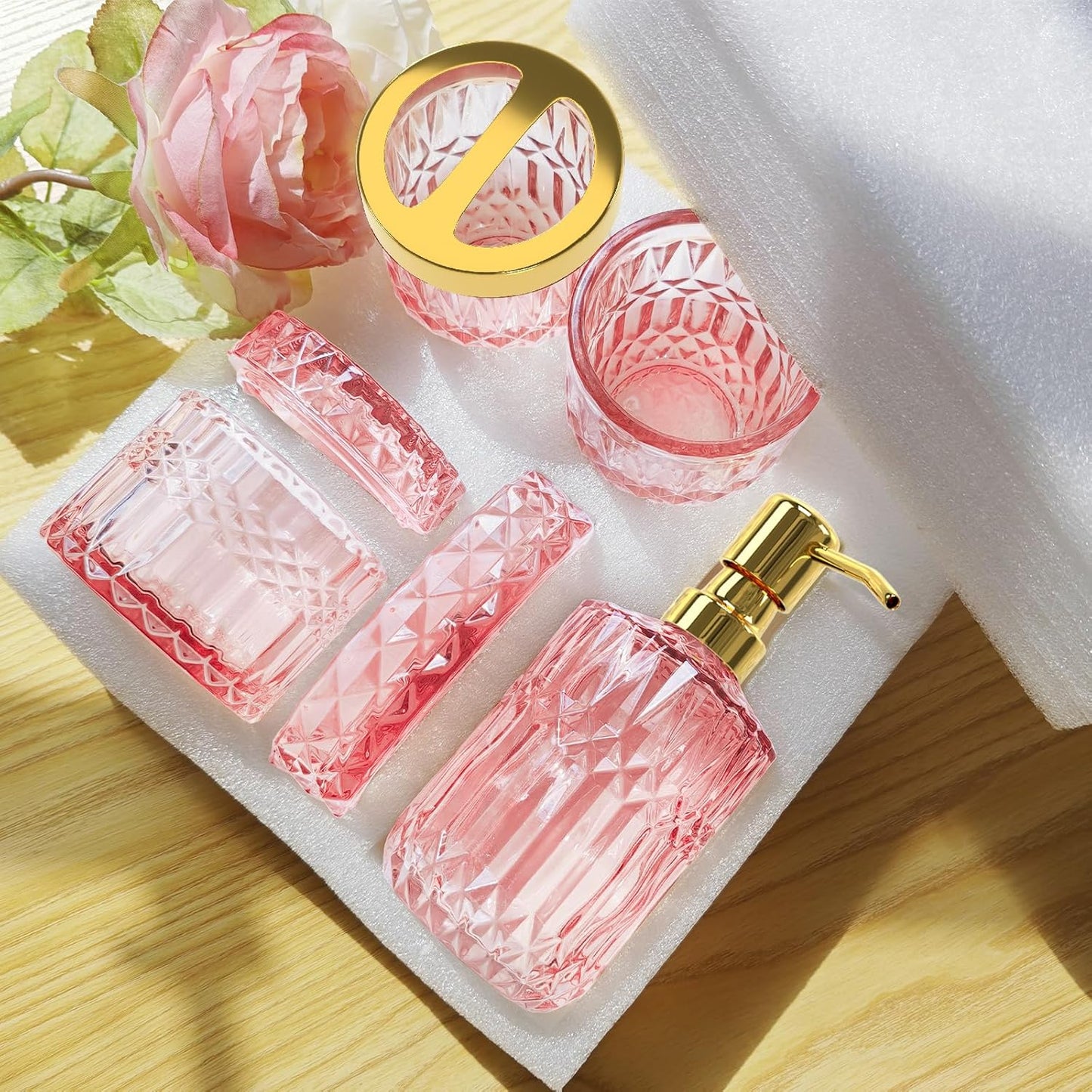 Pink 5 pcs Glass Bathroom Decor Set