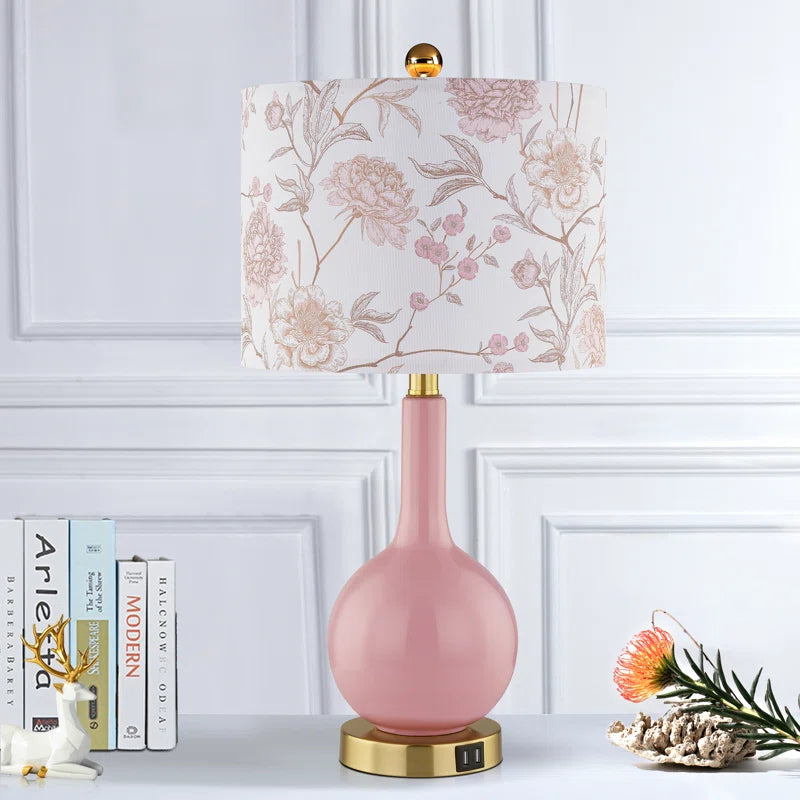 Gawronski 24 In. Pink Ceramic USB Table Lamp with Floral Lampshape and Free LED Bulb