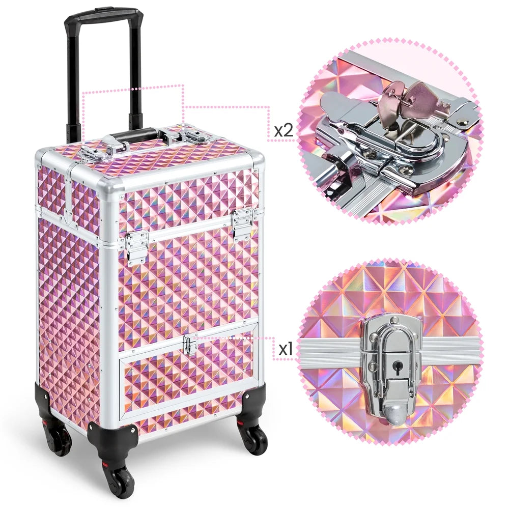 Aluminum Cosmetic Makeup Train Case with 4 Side Trays & 1 Slide-Out Drawer, Glitter Pink