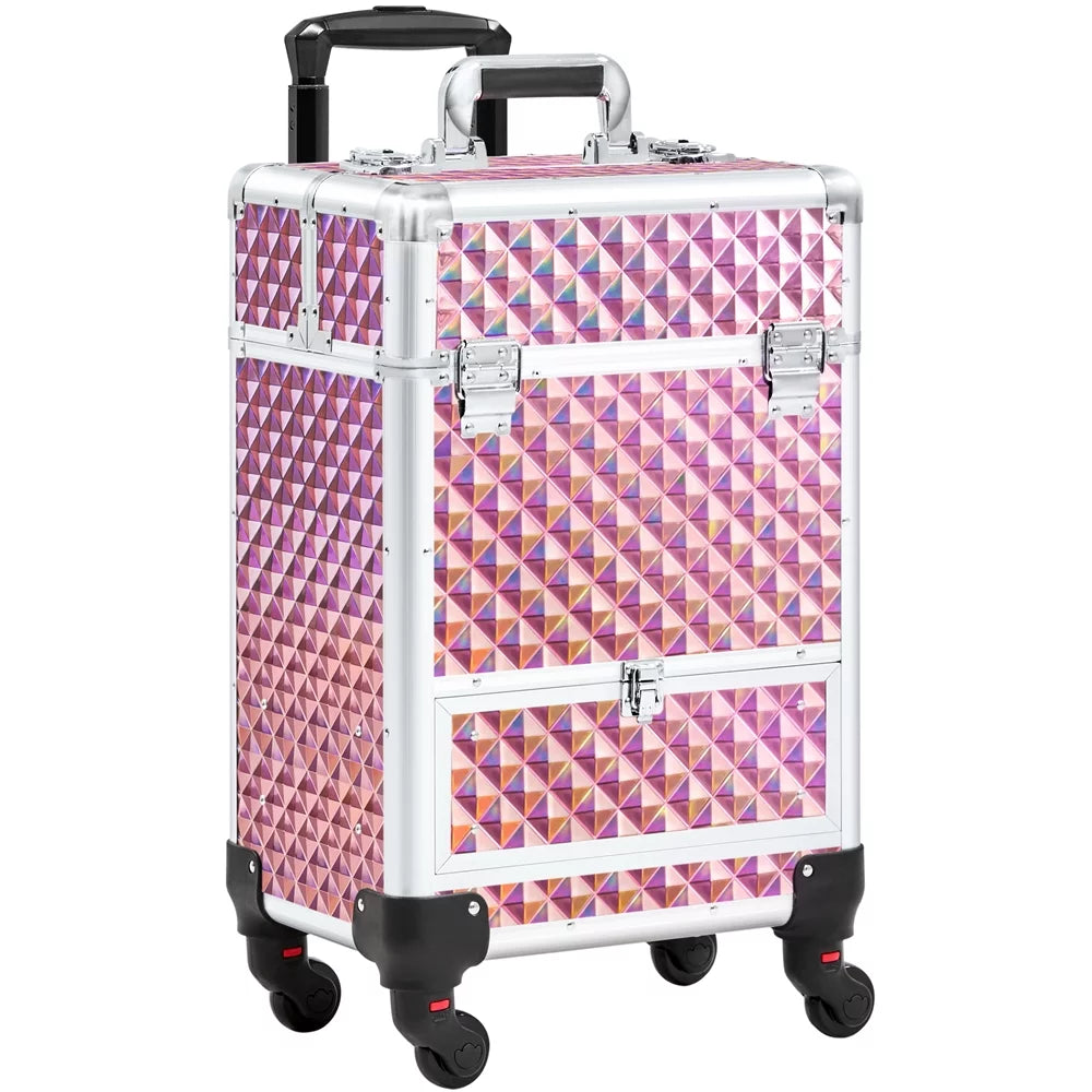 Aluminum Cosmetic Makeup Train Case with 4 Side Trays & 1 Slide-Out Drawer, Glitter Pink