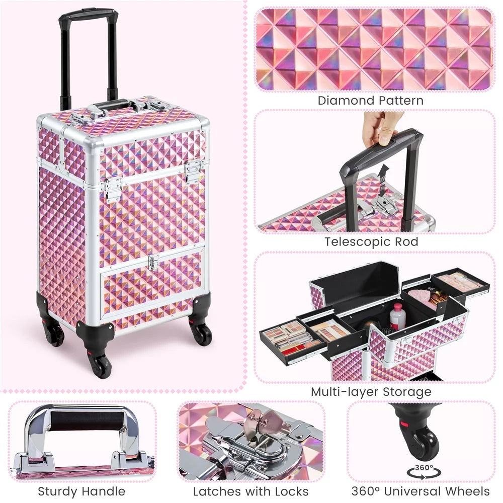 Aluminum Cosmetic Makeup Train Case with 4 Side Trays & 1 Slide-Out Drawer, Glitter Pink