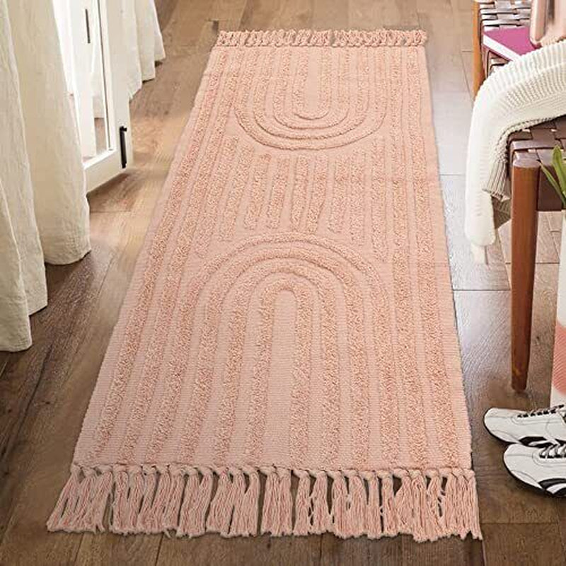 Boho Rainbow Hallway Runner Rug 2X5, Tufted Pink Bedside 2' X 5' Peach Pink