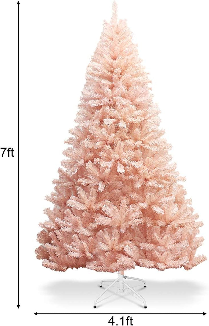 6Ft/7Ft Pink Artificial Christmas Tree, Unlit Hinged Spruce Full Tree with 617/937 Branch Tips and Metal Stand, Easy Assembly, 7FT Holiday Christmas Tree Indoor Outdoor